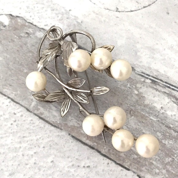 Vintage Pearl Sterling Silver Brooch Pendant 2 1/4" Long Leaf and Branch Design - Picture 3 of 16